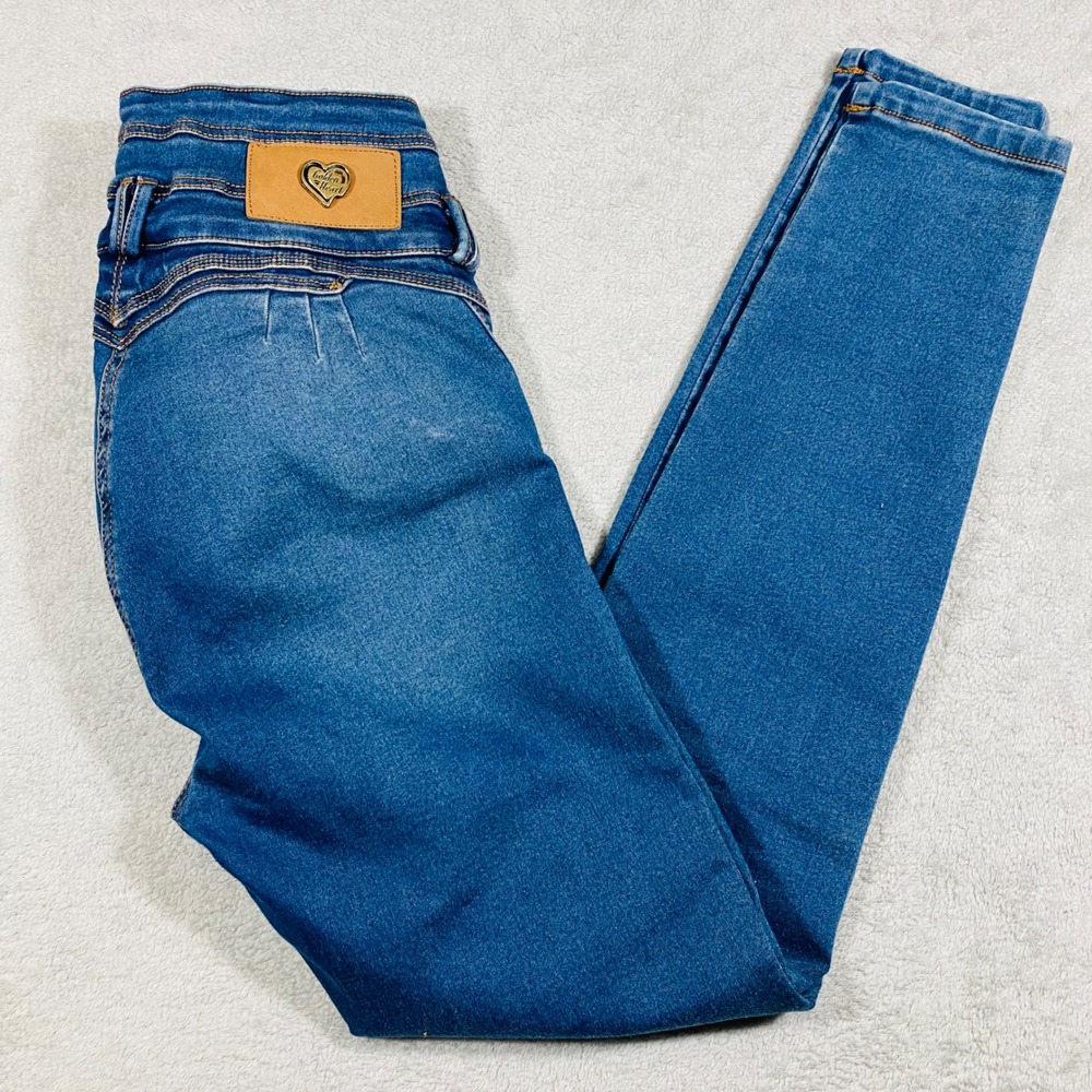 Golden Heart Skinny Jeans Women 26 Blue High Rise‎ 3-Button Fly Heart Patch
